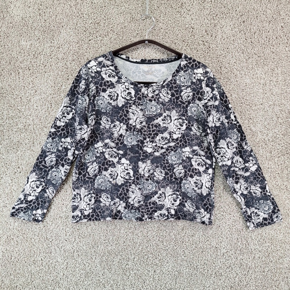 White Stag Top Womens Large Black Floral Long Sleeve Cottagecore Monotone Boho